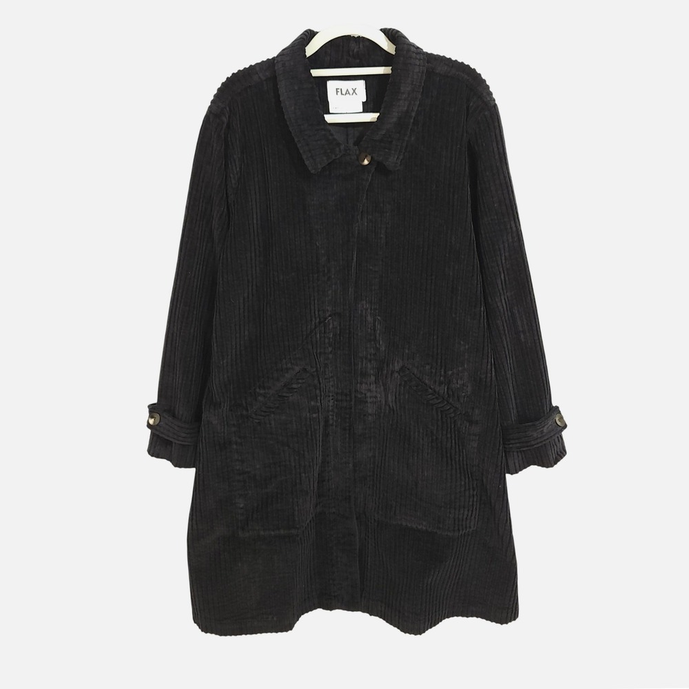 FLAX Corduroy Longline Jacket Womens Large Black Coat Zip Front Pockets